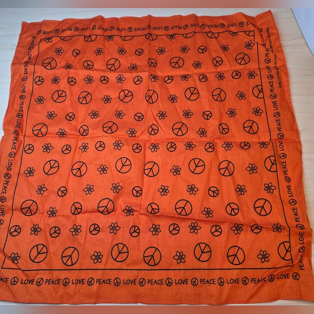 VTG Paris Accessories 100% Cotton Love & Peace Sign Bright Orange Bandana